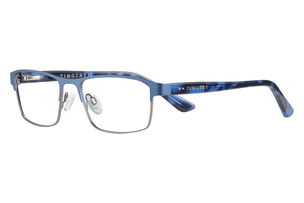 Blue eyeglass frame with metal front and blue tortoiseshell arms, 'TIMOTHY' logo on the temple, transparent nose pads visible.