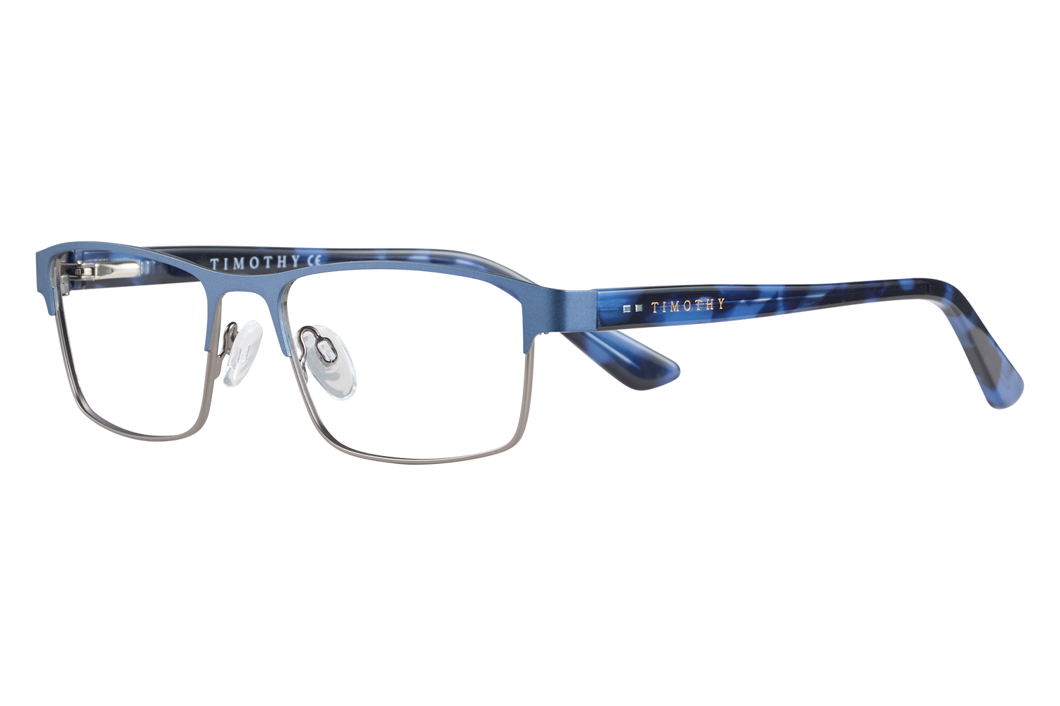 Blue eyeglass frame with metal front and blue tortoiseshell arms, 'TIMOTHY' logo on the temple, transparent nose pads visible.
