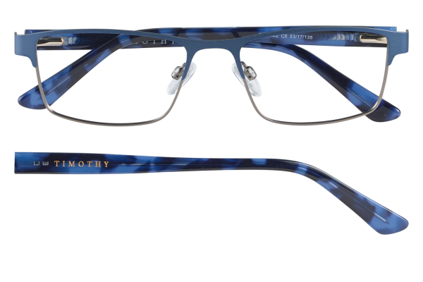 Blue tortoise eyeglasses with thin metal frame, clear nose pads, and Timothy logo on the temple, front view highlight of the glasses.