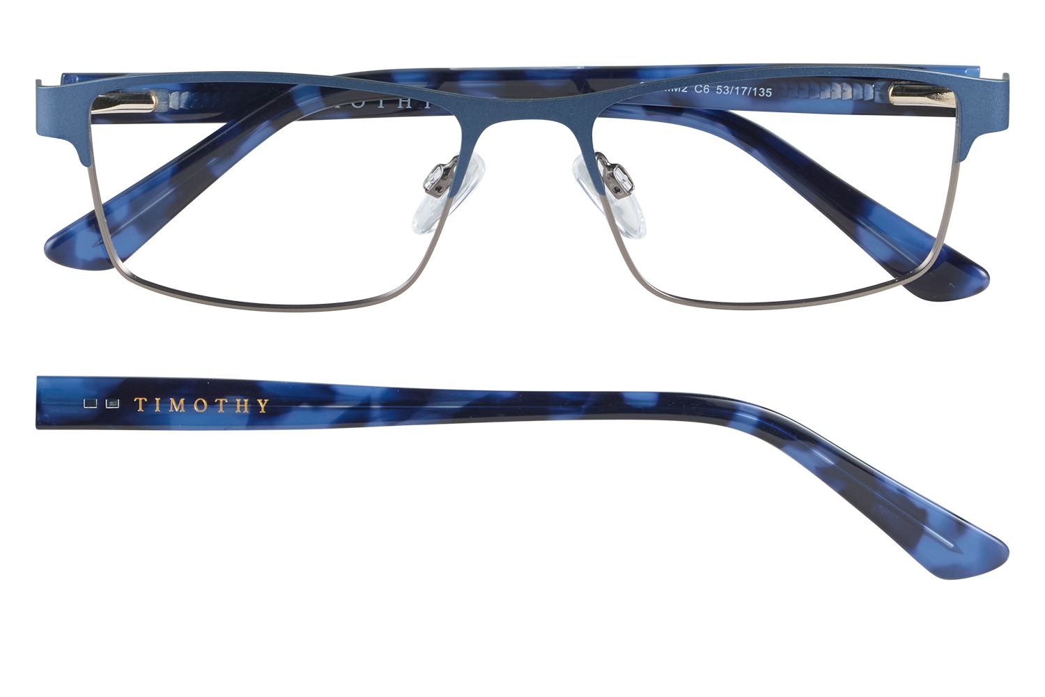 Blue tortoise eyeglasses with thin metal frame, clear nose pads, and Timothy logo on the temple, front view highlight of the glasses.