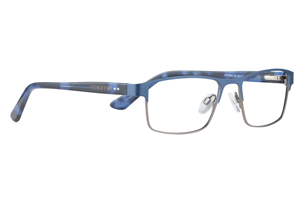 Blue metal eyeglasses with rectangular lenses, Timothy branded temple visible on the arm.