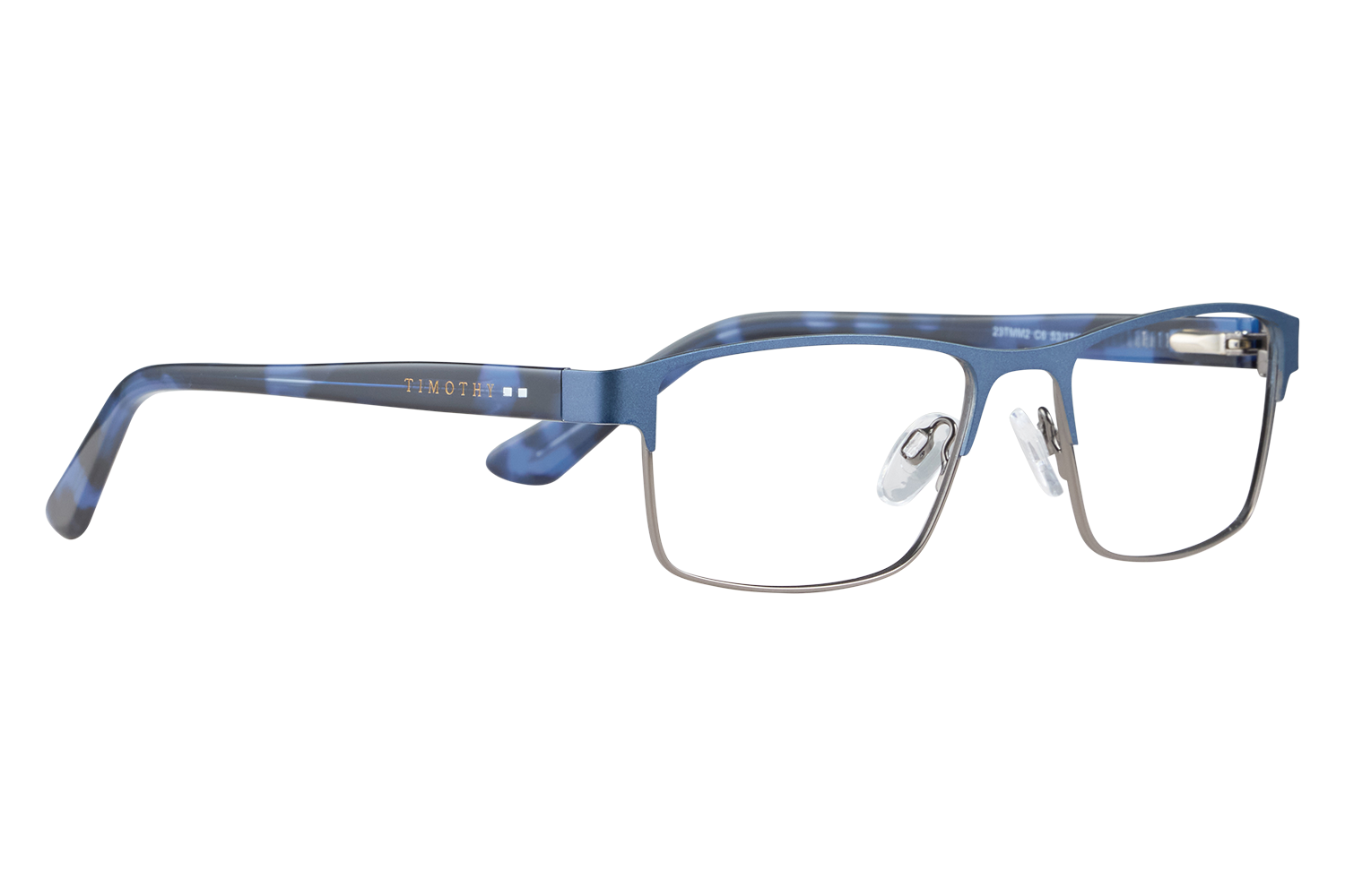 Blue metal eyeglasses with rectangular lenses, Timothy branded temple visible on the arm.