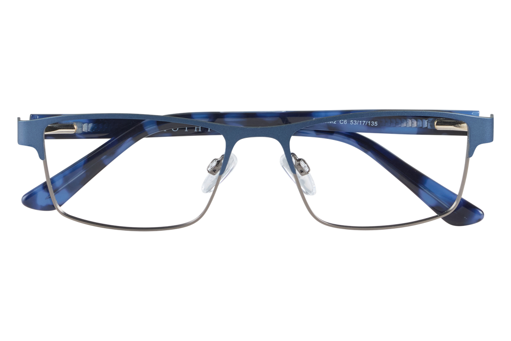 Blue rectangular eyeglasses with metal rims resting on a small display stand on a white background