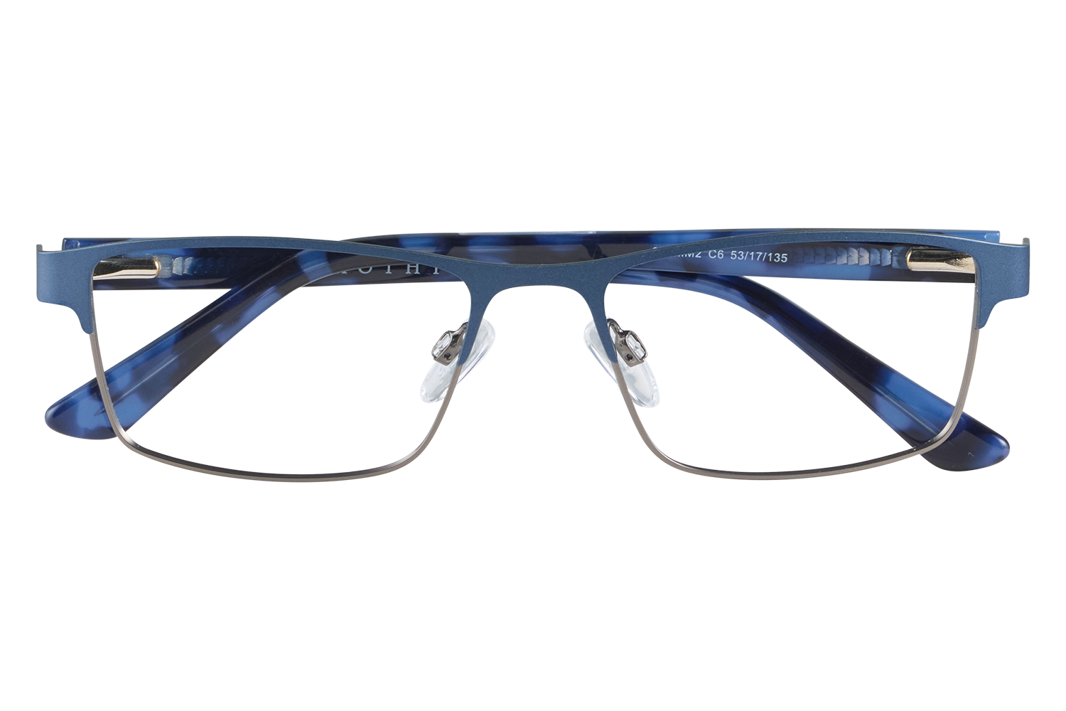 Blue rectangular eyeglasses with metal rims resting on a small display stand on a white background