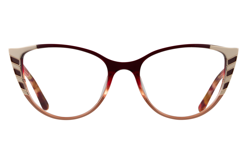 Close-up of stylish red-to-gold gradient eyeglasses with decorative rectangular gold accents on the temples.