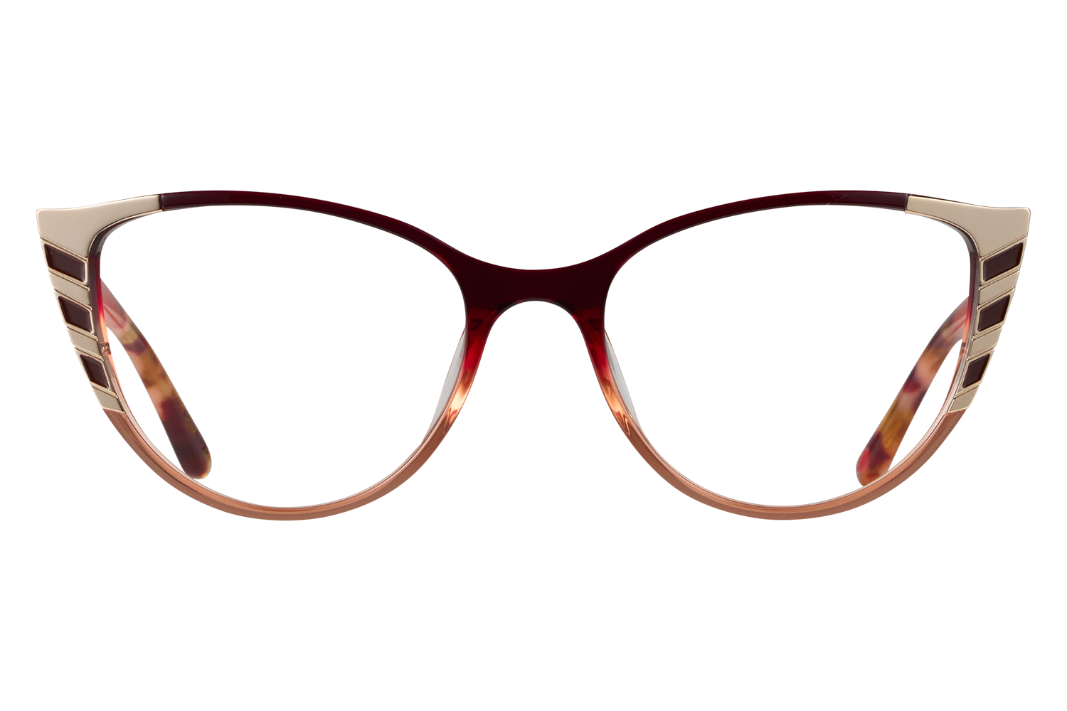 Close-up of stylish red-to-gold gradient eyeglasses with decorative rectangular gold accents on the temples.