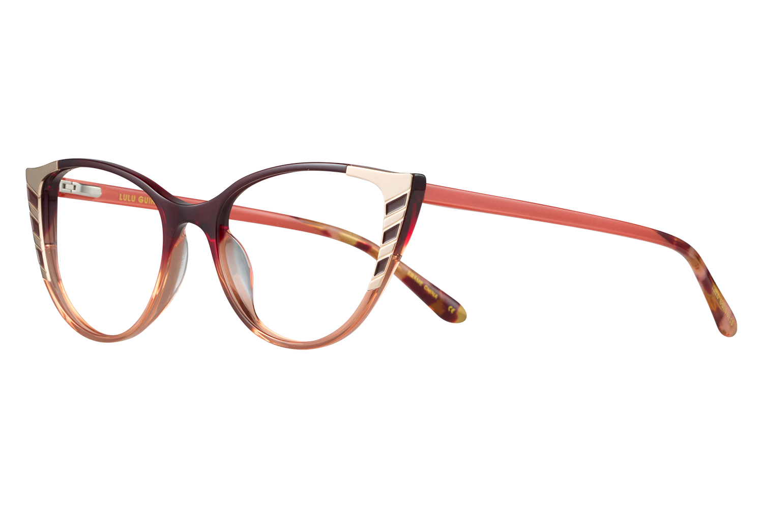 Fashionable translucent pink-to-peach eyeglasses with rounded cat-eye frames and amber temples, shown in profile
