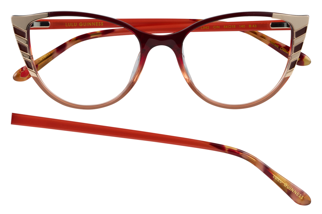 Red tortoiseshell eyeglasses with gold accents; front view, Lulu Guinness branding on the temple and a detached temple arm beneath.