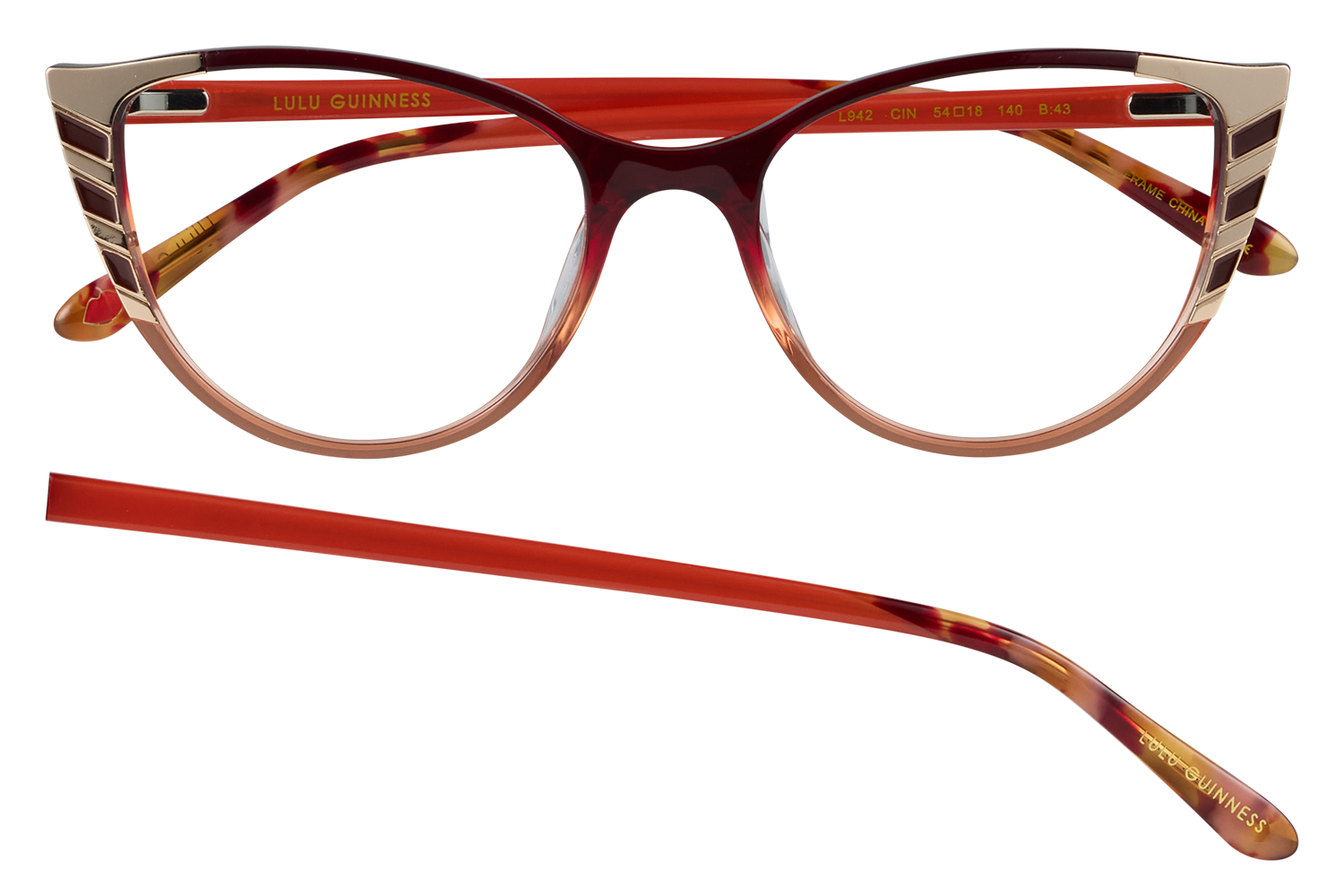 Red tortoiseshell eyeglasses with gold accents; front view, Lulu Guinness branding on the temple and a detached temple arm beneath.