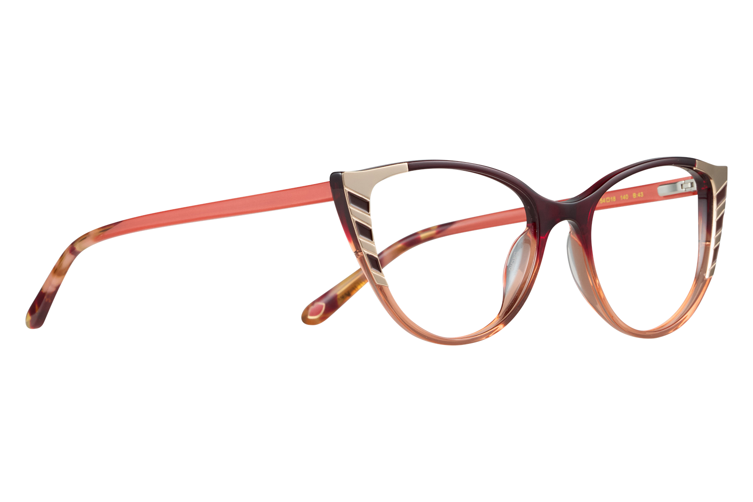 Fashionable orange and tortoiseshell eyeglasses with metallic accents on the frame edge.