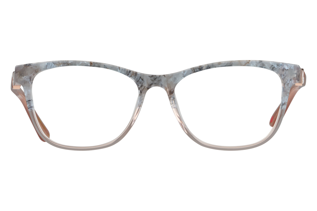 Marbled acetate eyeglasses with pink temples, shown from the front against a gray background (product photo).