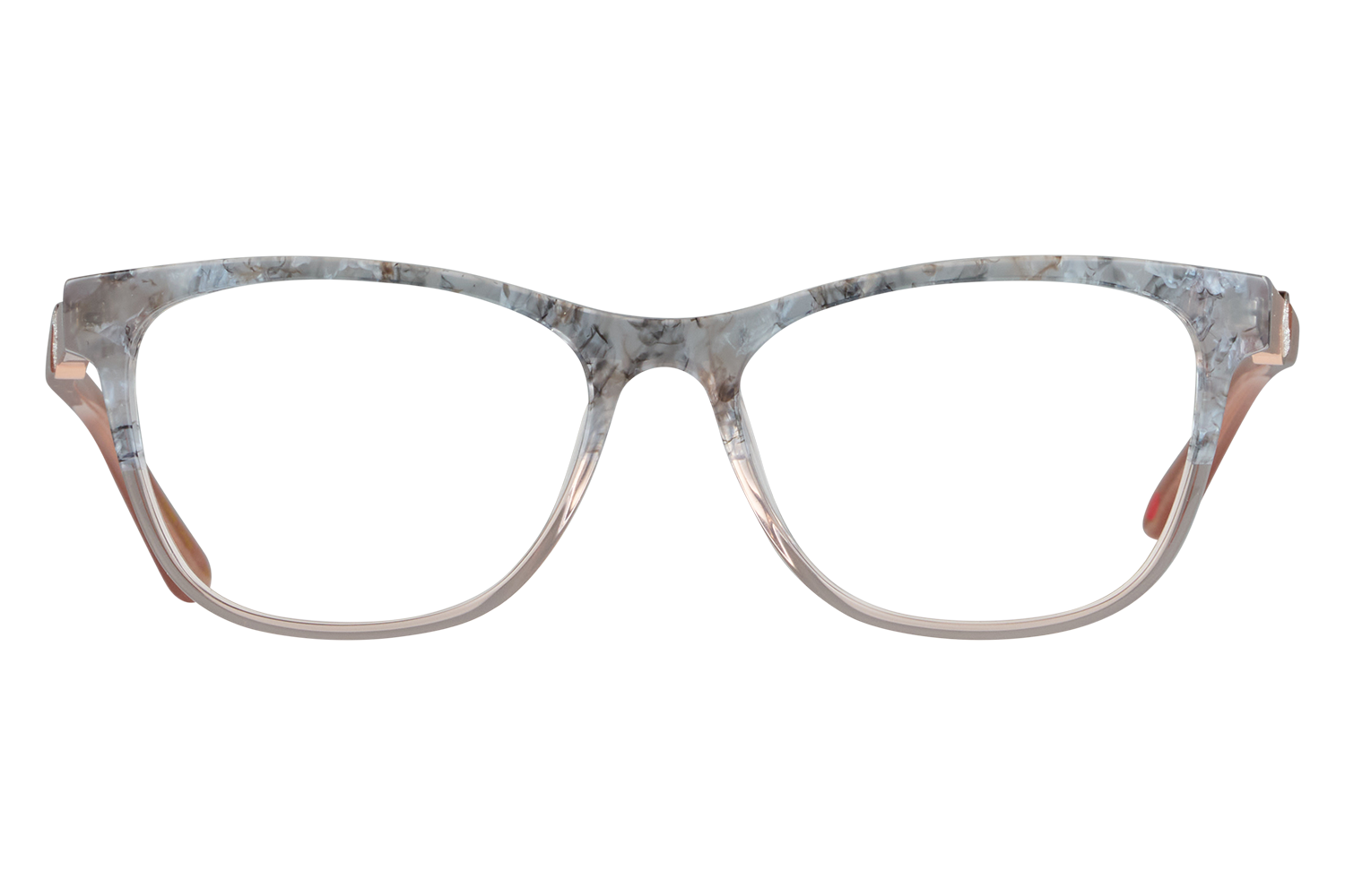 Marbled acetate eyeglasses with pink temples, shown from the front against a gray background (product photo).