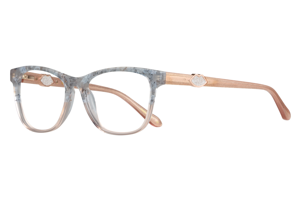 Clear-framed glasses with a marbled blue-gray pattern and rose-gold temples featuring a small diamond-like accent on the temple tip
