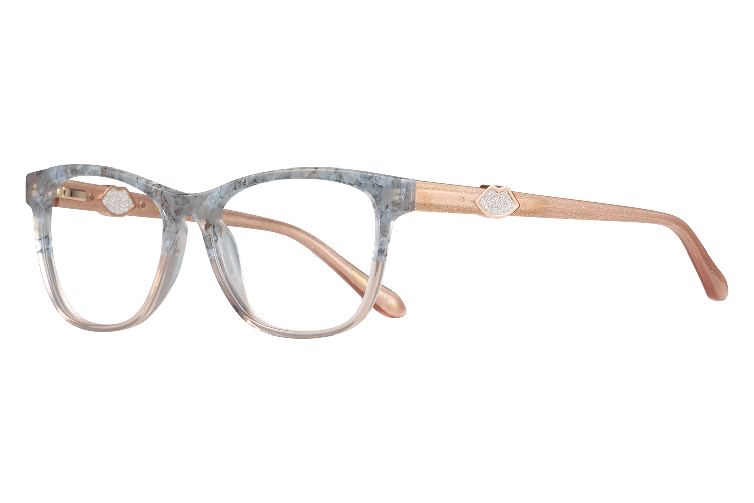 Clear-framed glasses with a marbled blue-gray pattern and rose-gold temples featuring a small diamond-like accent on the temple tip