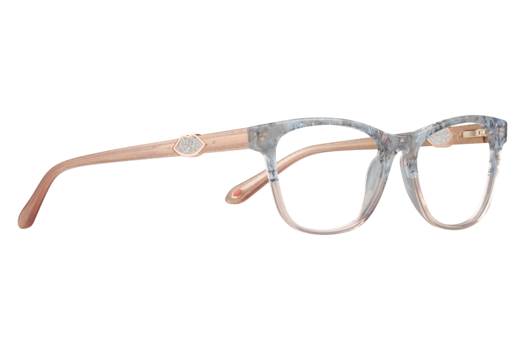 Rose-gold and translucent eyeglasses with a geometric side accent on a gray backdrop