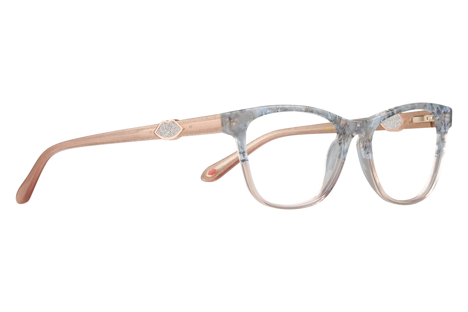 Rose-gold and translucent eyeglasses with a geometric side accent on a gray backdrop