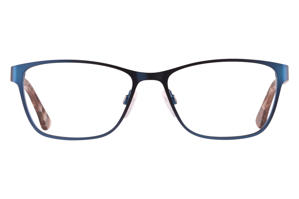Front view of blue metal eyeglasses with clear lenses and adjustable nose pads for a modern look.