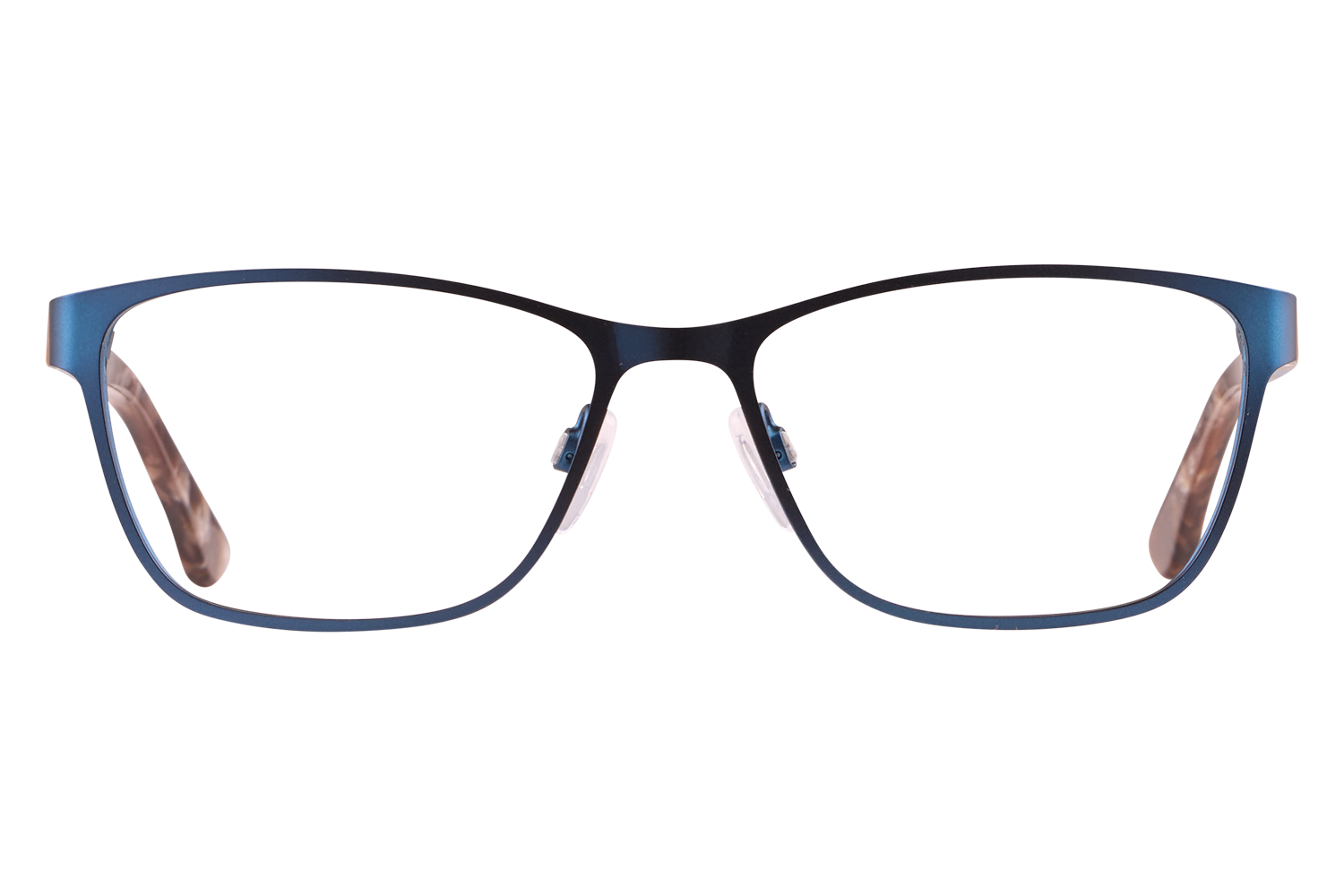 Front view of blue metal eyeglasses with clear lenses and adjustable nose pads for a modern look.