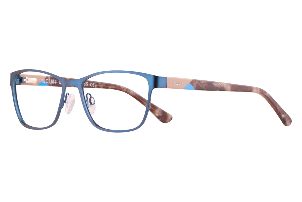 Blue-rimmed eyeglasses with tortoiseshell temples on a pale surface.