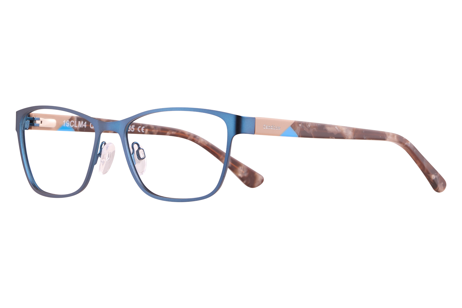 Blue-rimmed eyeglasses with tortoiseshell temples on a pale surface.