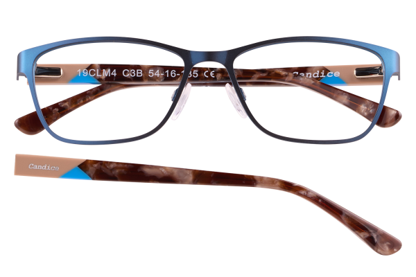 Blue rectangular eyeglasses with tortoiseshell temples and clear nose pads, Candice brand