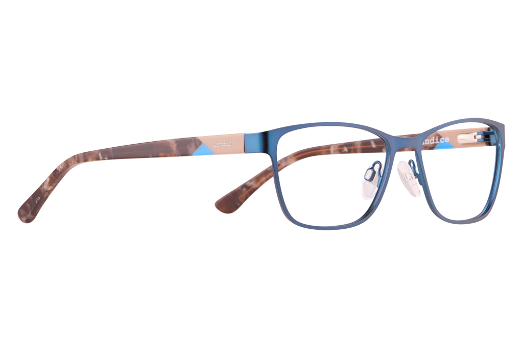 Blue rectangular eyeglasses with tortoiseshell arms and clear nose pads on a light surface.