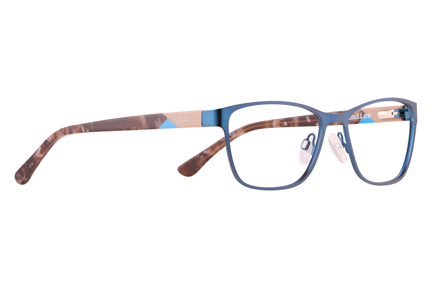 Blue rectangular eyeglasses with tortoiseshell arms and clear nose pads on a light surface.