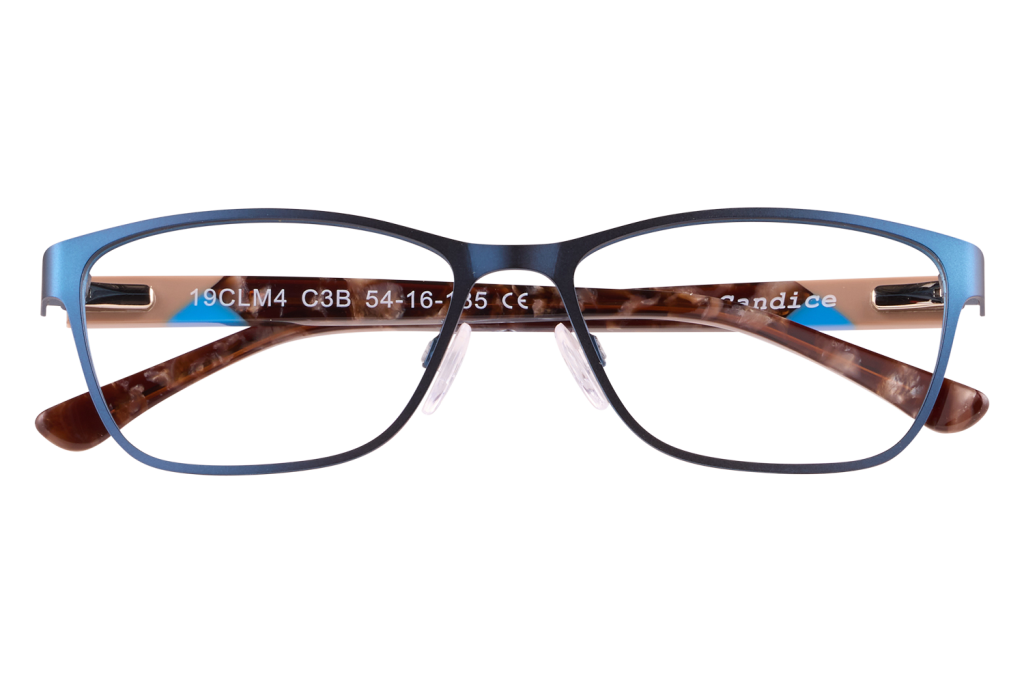 Blue-framed eyeglasses with tortoiseshell temples resting on a clear stand.