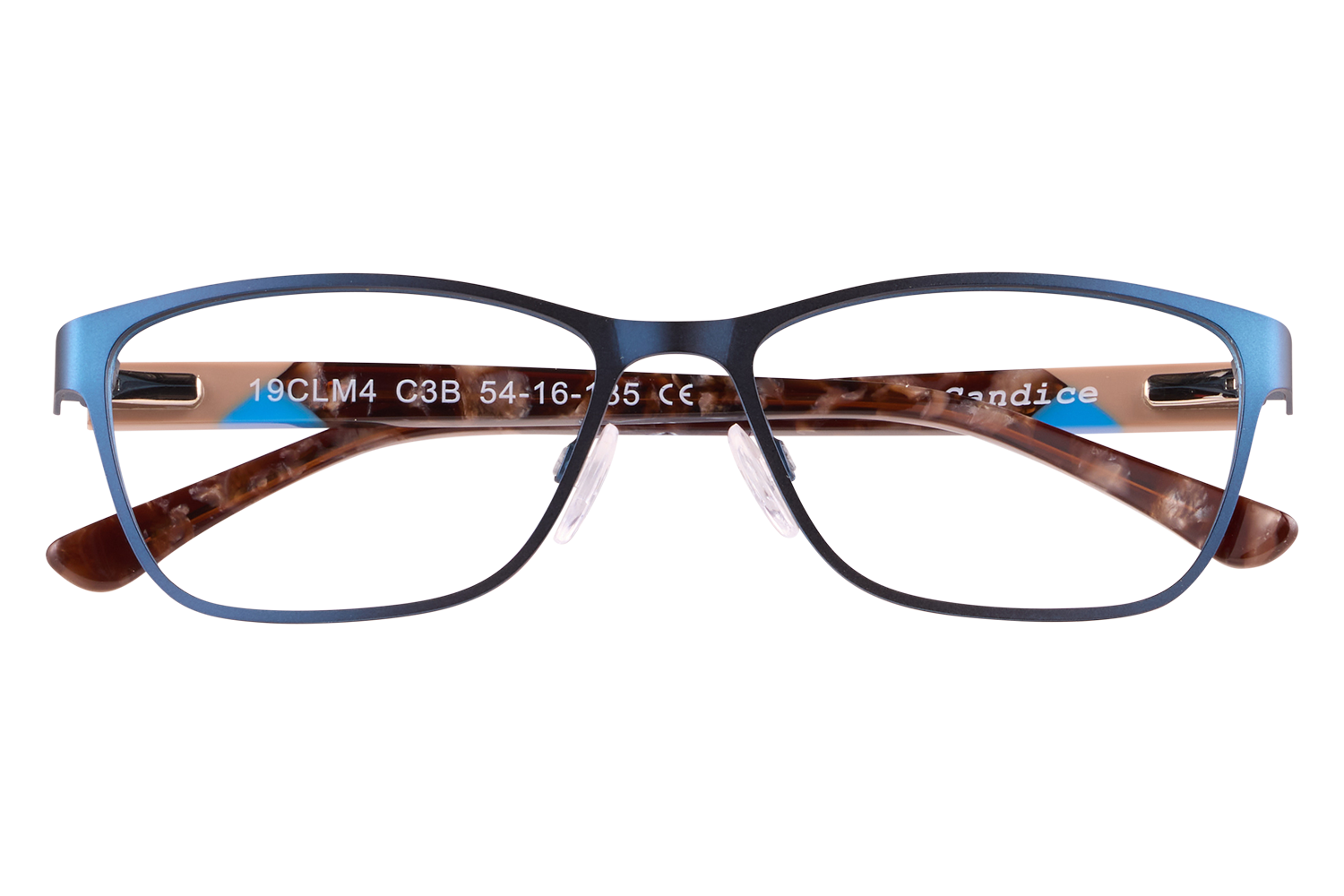 Blue-framed eyeglasses with tortoiseshell temples resting on a clear stand.