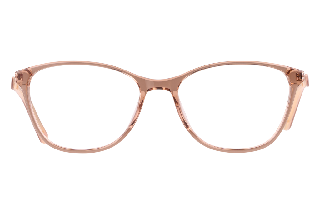 Rose-gold plastic eyeglasses frame viewed from the front (large, rounded lenses).