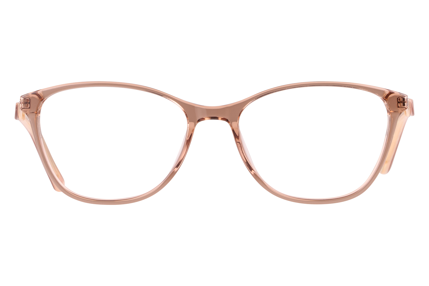 Rose-gold plastic eyeglasses frame viewed from the front (large, rounded lenses).