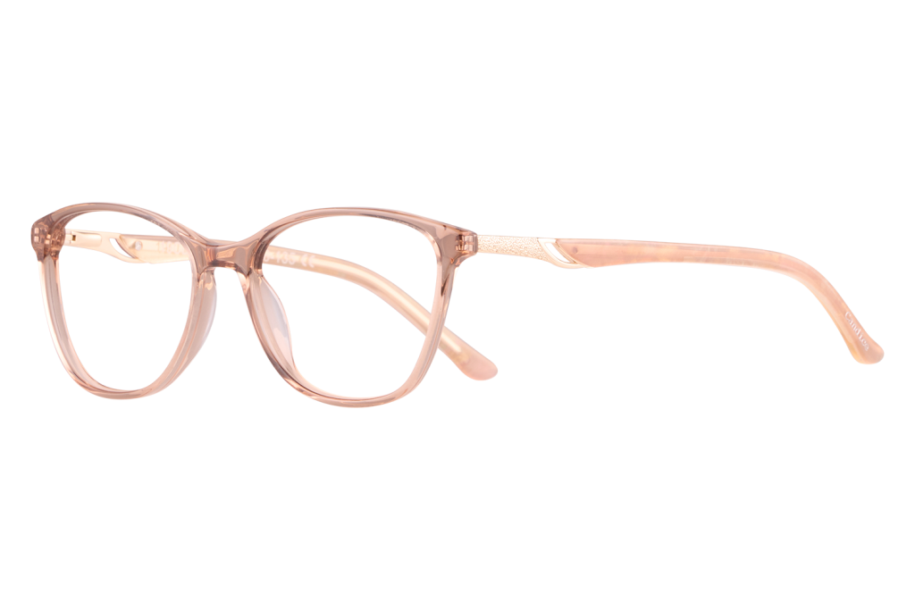 Pair of peach-colored transparent eyeglasses with rounded frames on a light surface