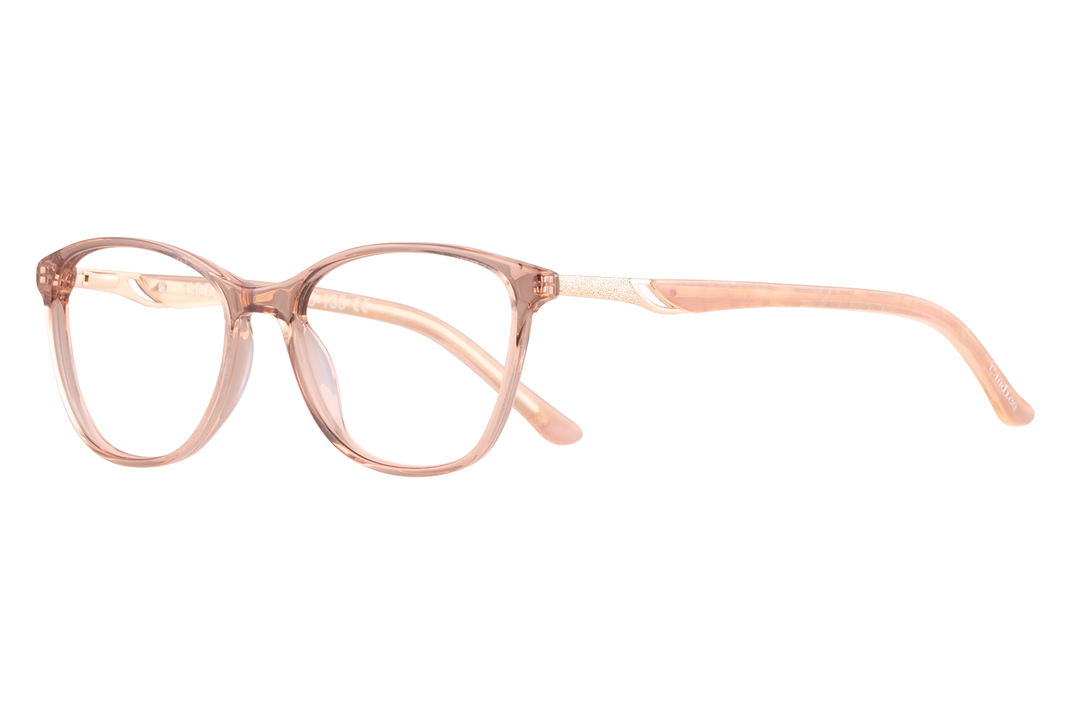 Pair of peach-colored transparent eyeglasses with rounded frames on a light surface