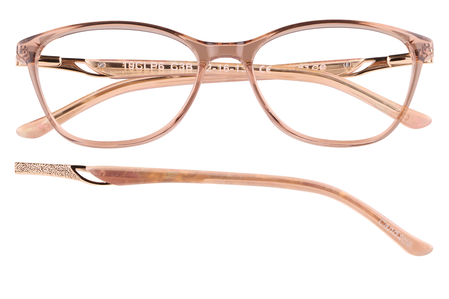 Pink translucent eyeglasses with round-rectangular lenses, full rims, and 'Candice' on the temple arm (front view).