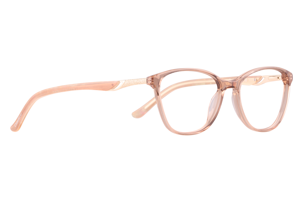 Pastel pink, translucent eyeglasses with round frames lying on a light surface.