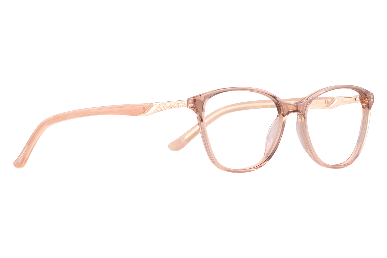 Pastel pink, translucent eyeglasses with round frames lying on a light surface.