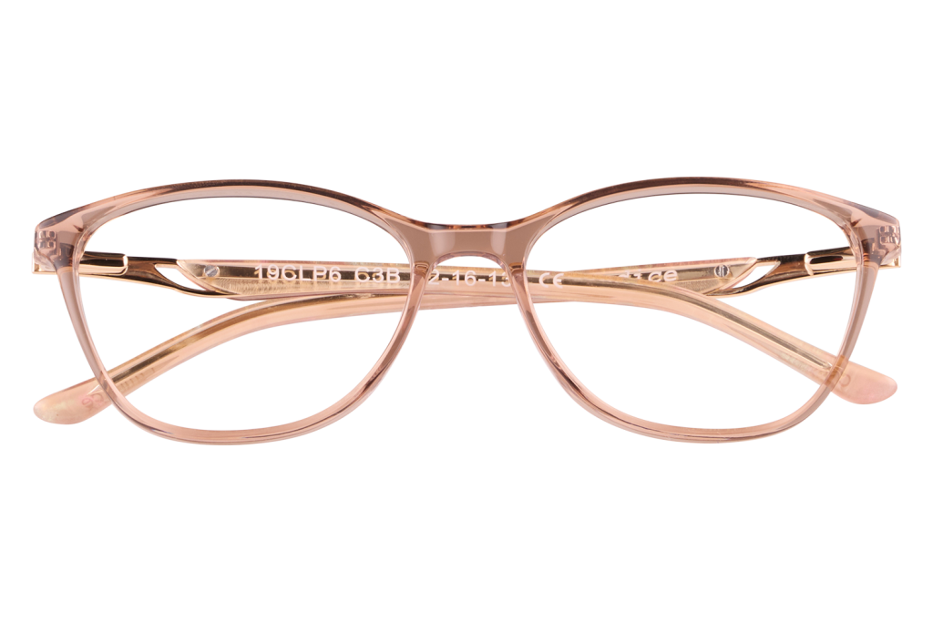 Pink translucent eyeglasses with rounded frames resting on a clear stand, viewed from the front. Text is visible on the temple arms.