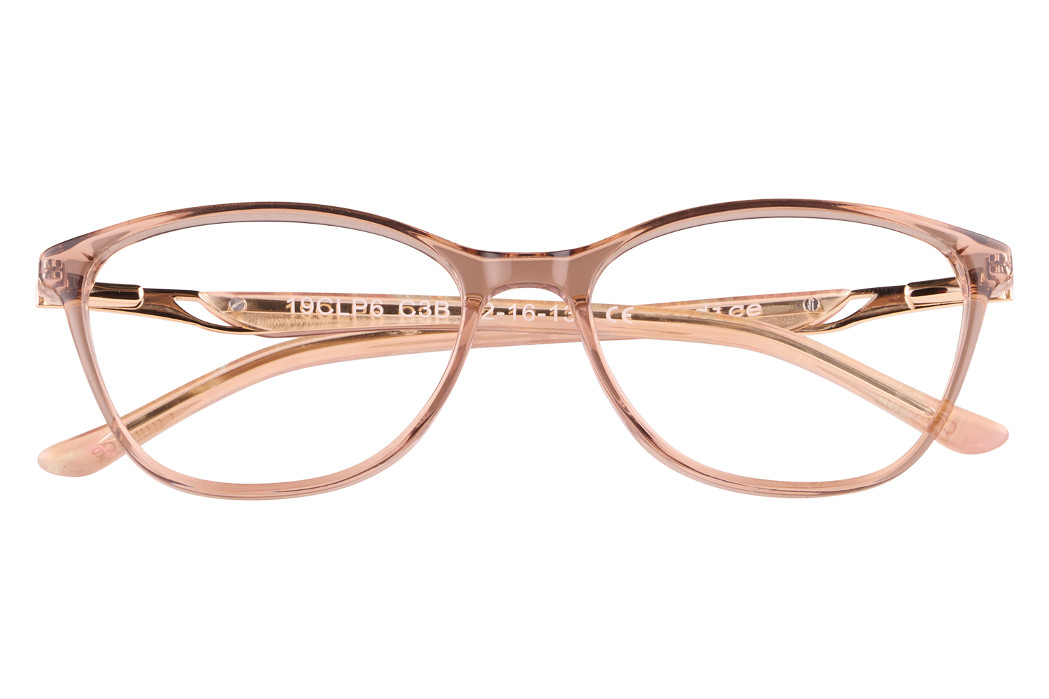 Pink translucent eyeglasses with rounded frames resting on a clear stand, viewed from the front. Text is visible on the temple arms.