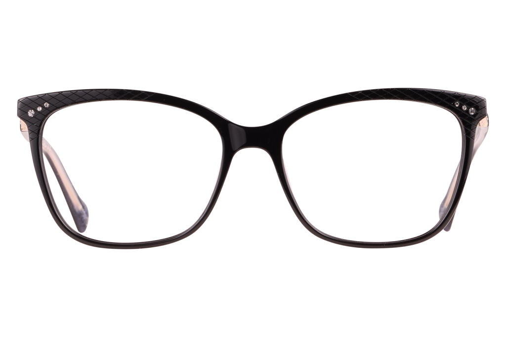 Black cat-eye eyeglasses frame with small rhinestones at the outer corners of the front.