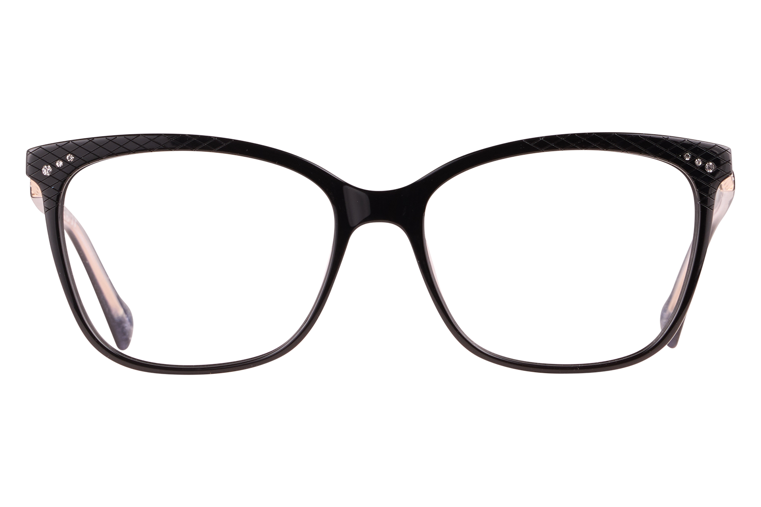 Black cat-eye eyeglasses frame with small rhinestones at the outer corners of the front.