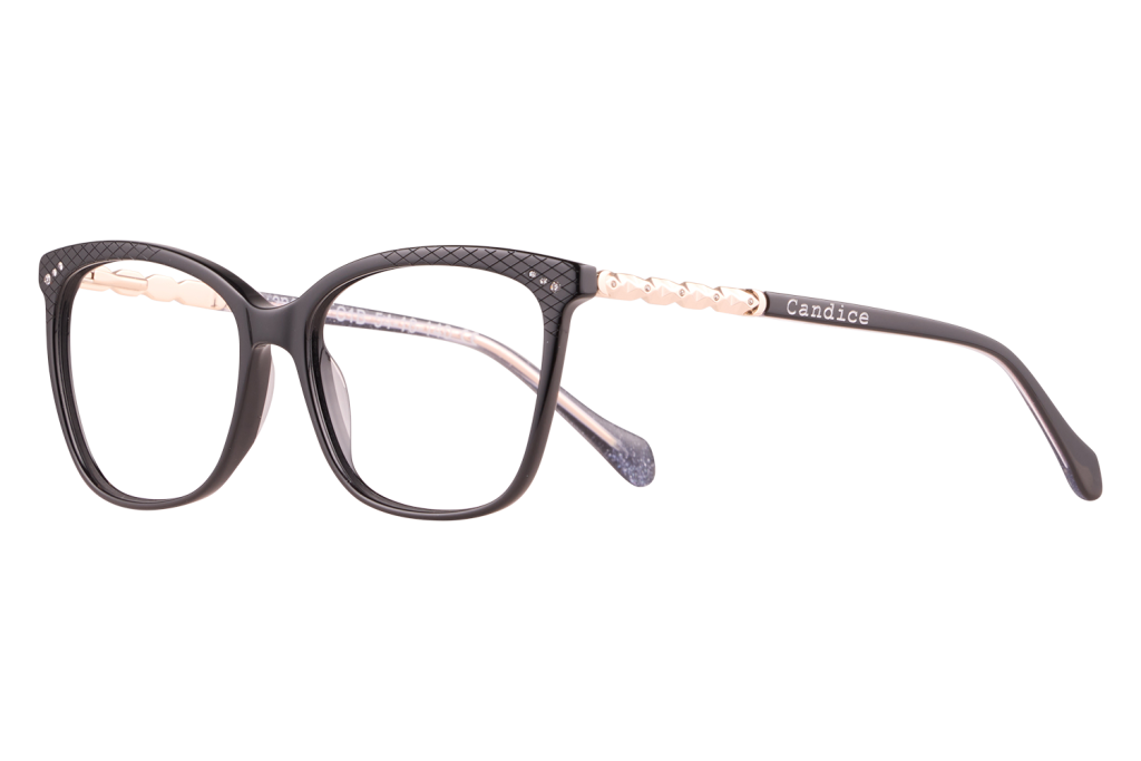 Black frame eyeglasses with a textured brow and 'Candice' printed on the temple (side view).