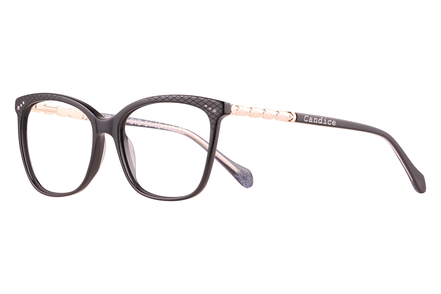 Black frame eyeglasses with a textured brow and 'Candice' printed on the temple (side view).