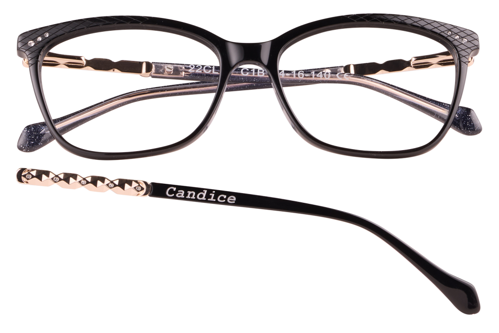 Black rectangular eyeglasses with gold-tone twist arms and rhinestone accents; 'Candice' logo on the temple.
