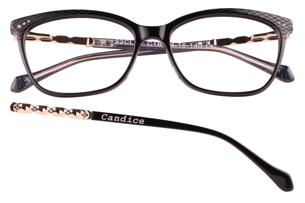Black rectangular eyeglasses with gold-tone twist arms and rhinestone accents; 'Candice' logo on the temple.