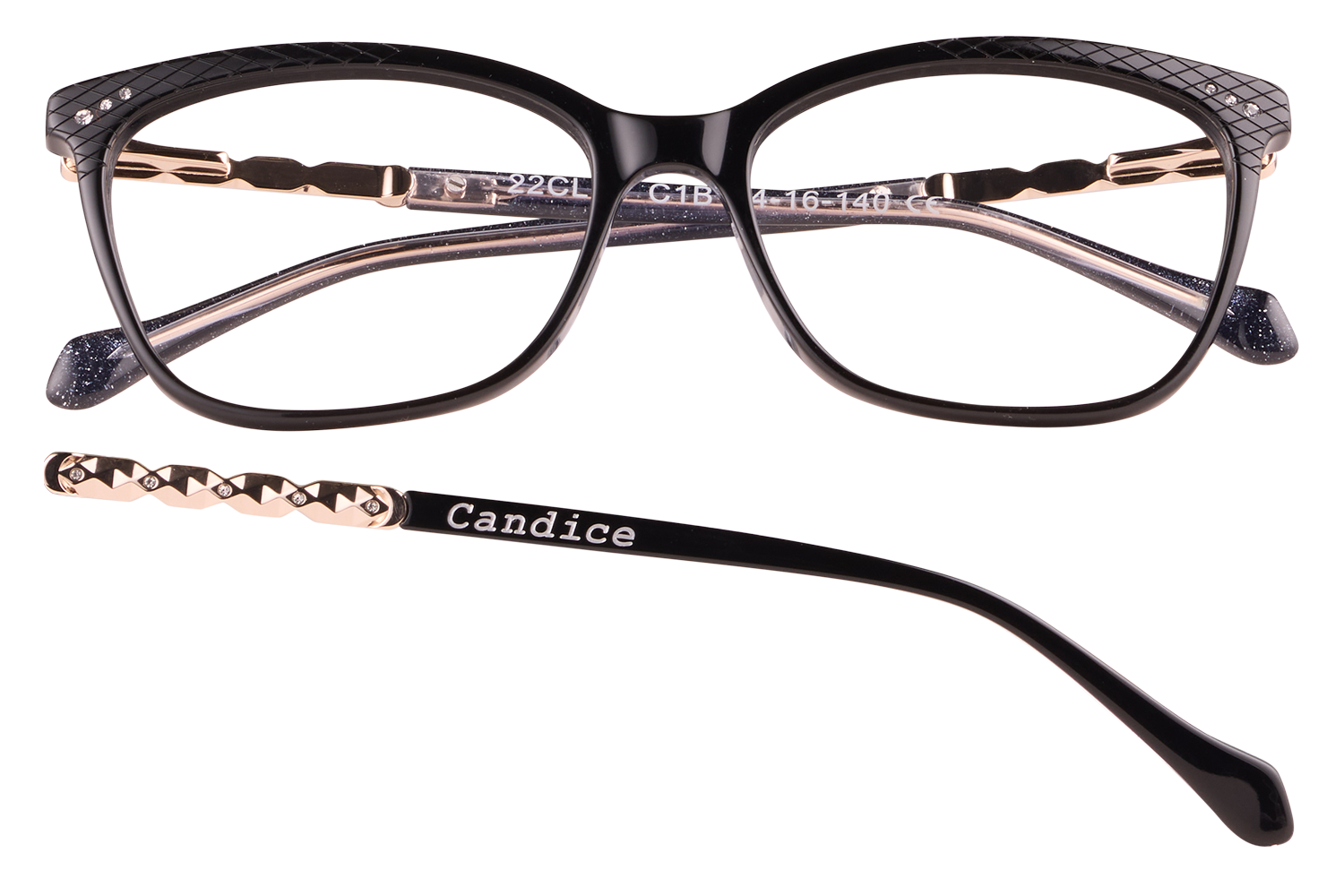Black rectangular eyeglasses with gold-tone twist arms and rhinestone accents; 'Candice' logo on the temple.