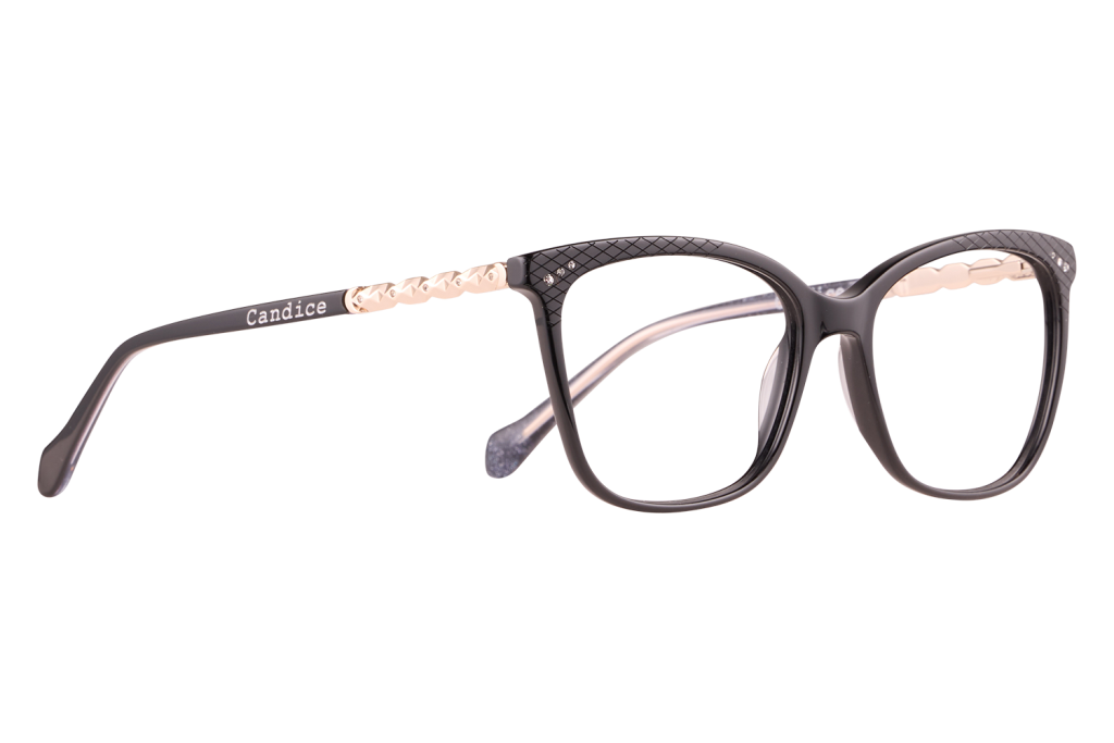 Black acetate eyeglasses with textured black frame and gold sculpted temples; Candice branding visible on the left temple