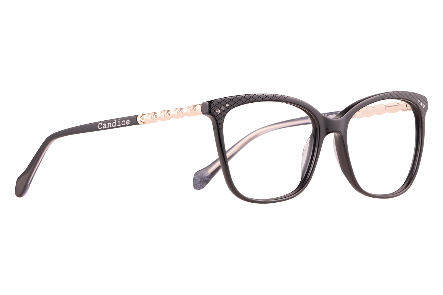 Black acetate eyeglasses with textured black frame and gold sculpted temples; Candice branding visible on the left temple