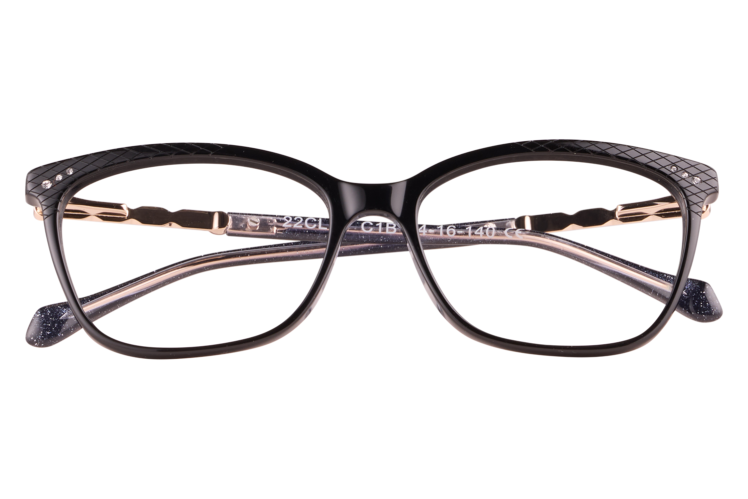 Black rectangular eyeglasses with gold-tone temples, resting on a clear display block against a pale background (product photo).