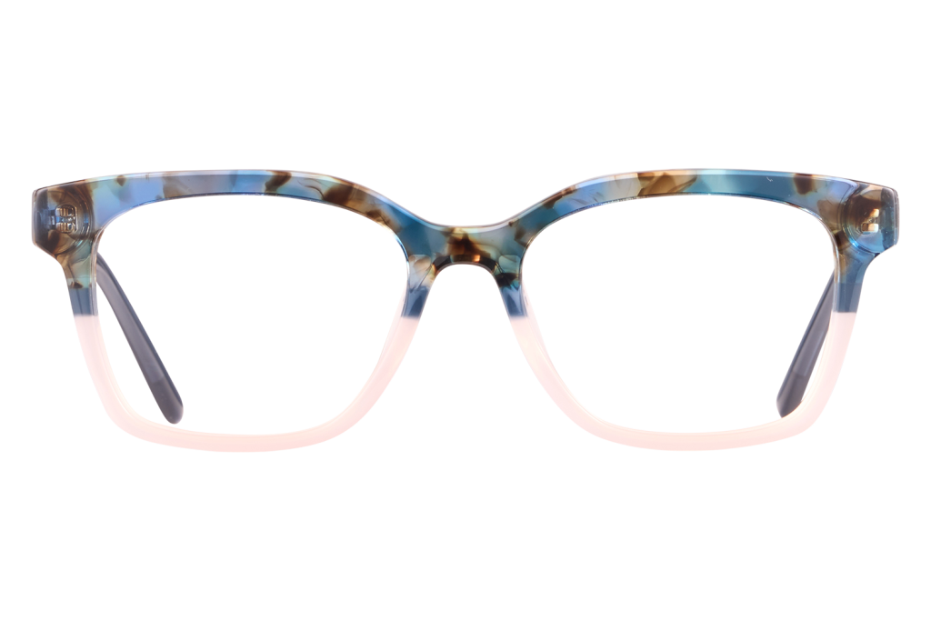 Pair of colorful tortoiseshell eyeglasses with blue and cream gradient frames and clear lenses, shown head-on.