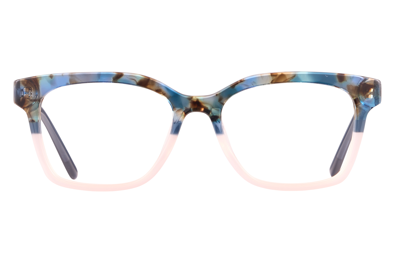 Pair of colorful tortoiseshell eyeglasses with blue and cream gradient frames and clear lenses, shown head-on.